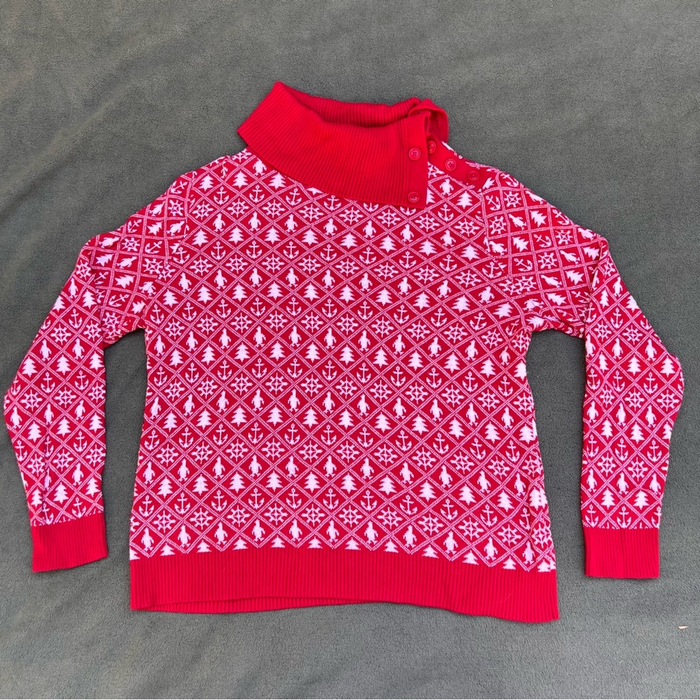 Red and White Buttoned Turtle Neck Sweater